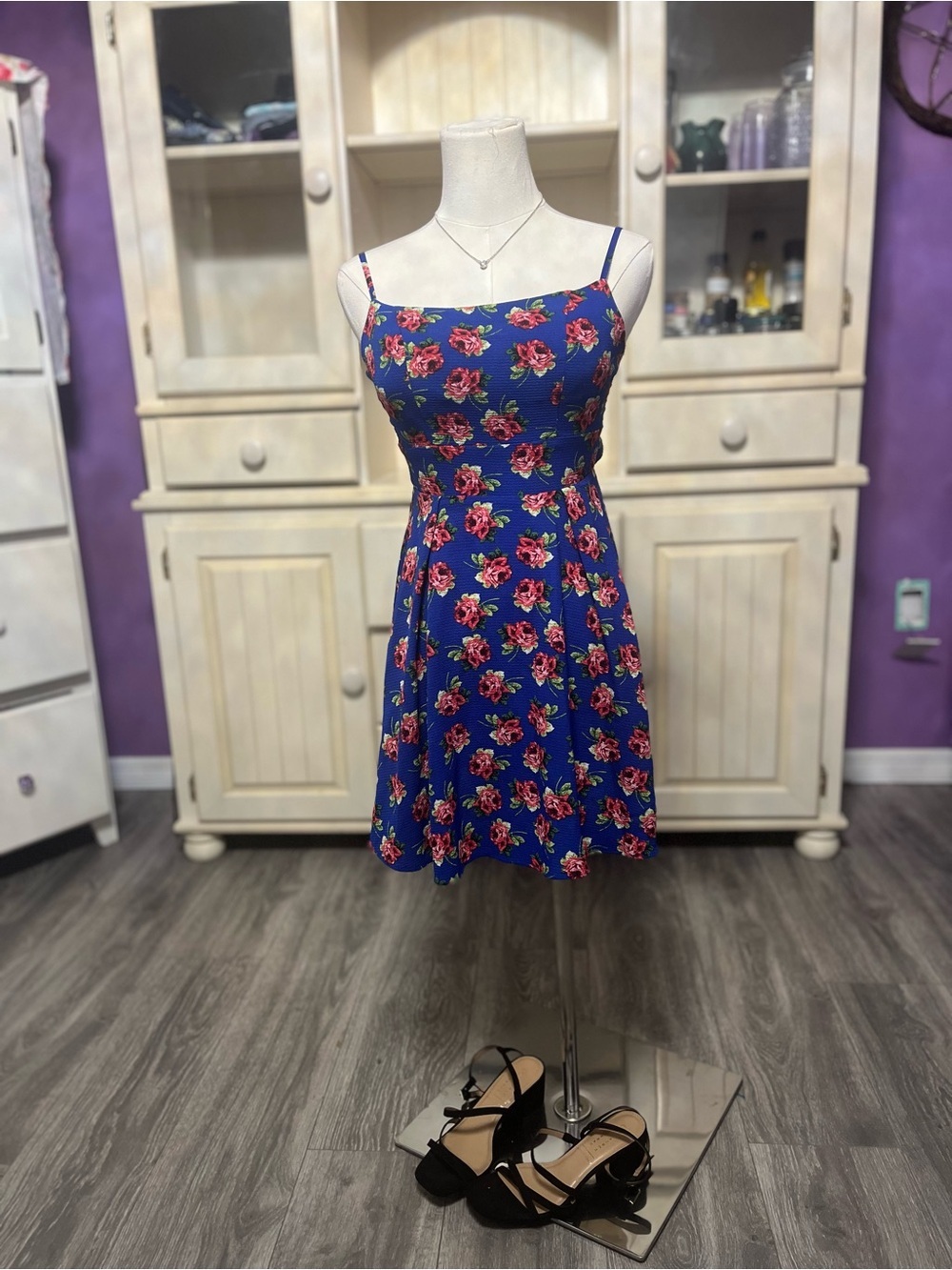 Darlin Royal Blue Floral Skater Dress - Size Junior's 1/2 - Picture 3 of 12